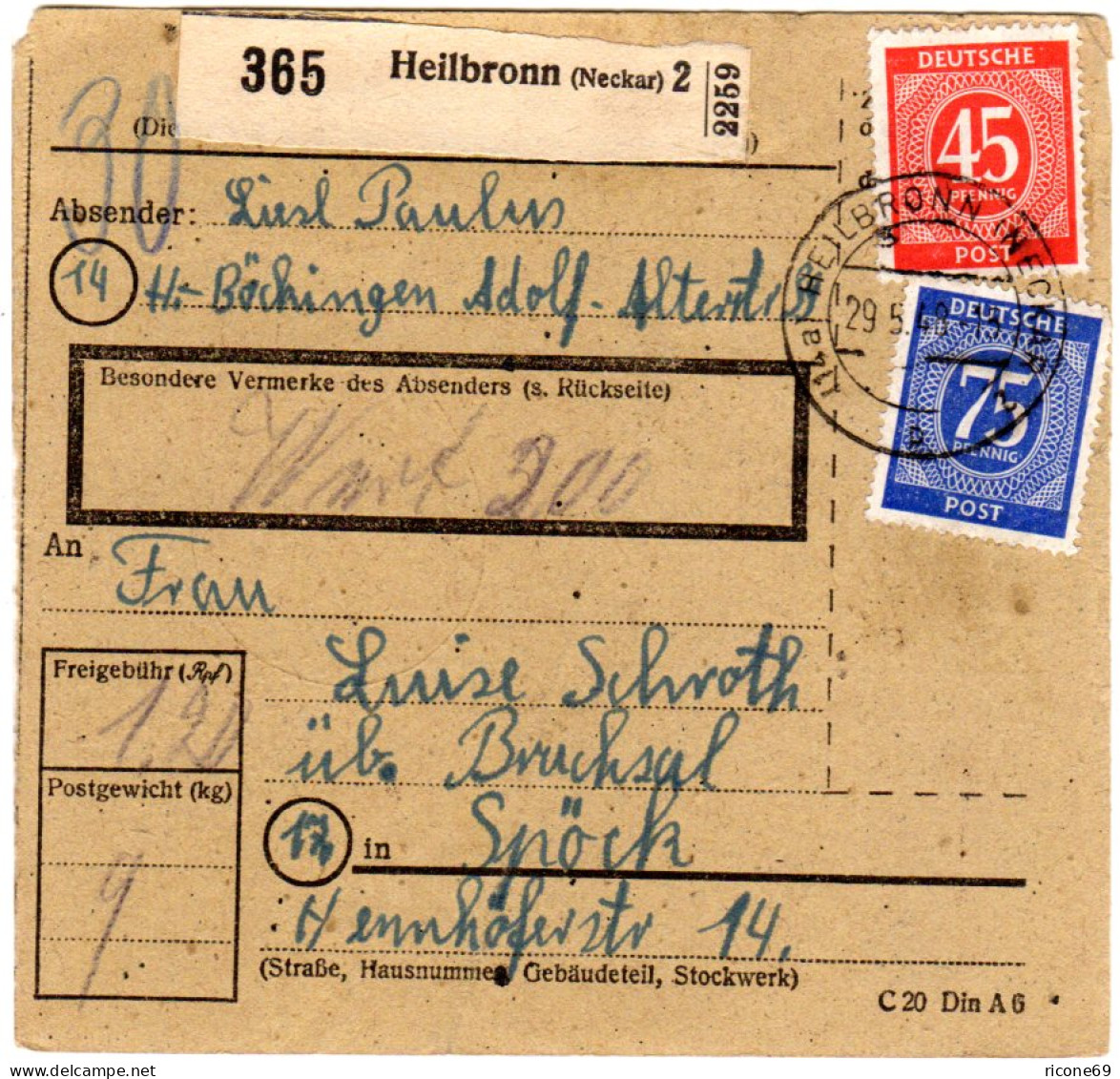 1948, 45+75 Pf. Auf Wert-Paketkarte V. Heibronn-Böckingen - Cartas & Documentos
