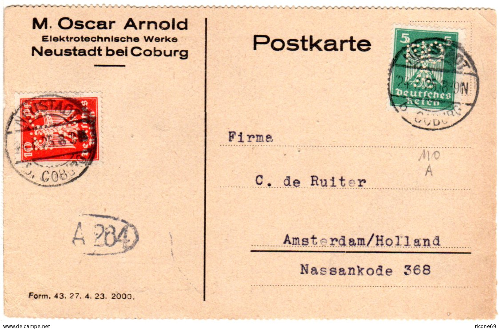 DR 1925, 5+10 Pf. M. Perfin Auf Firmenkarte V. Neustadt Bei Coburg - Brieven En Documenten