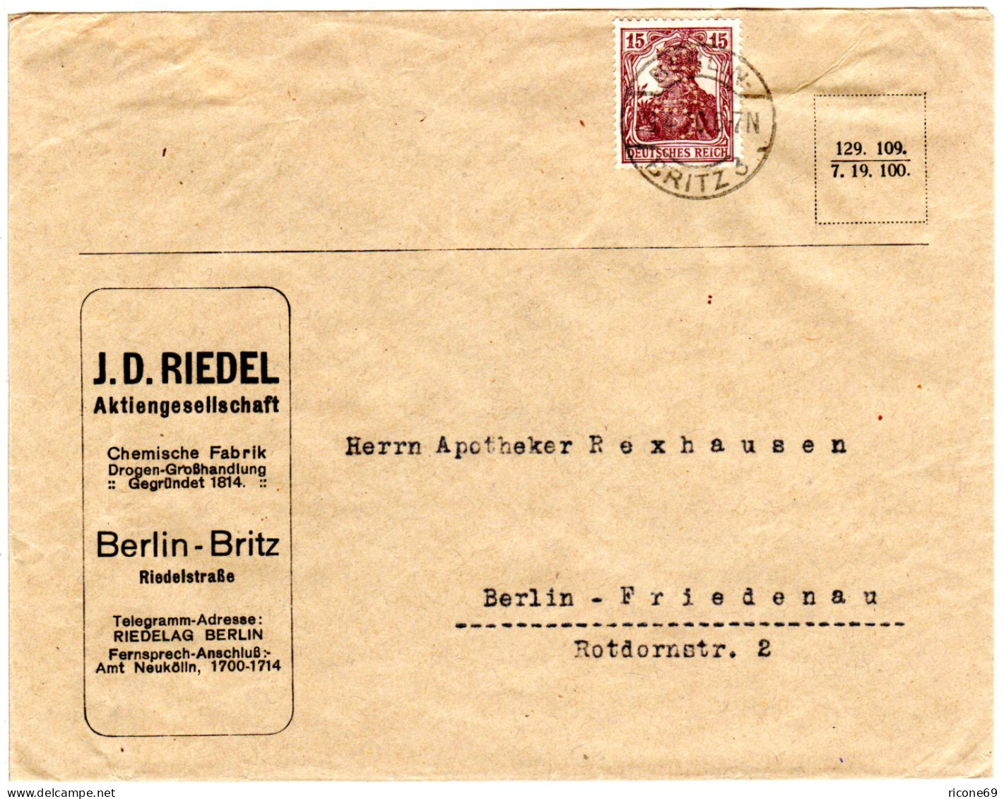 DR 1920, 15 Pf. M. Perfin Firmenlochung Auf Chemie Fabrik Brief V. Berlin Britz - Brieven En Documenten