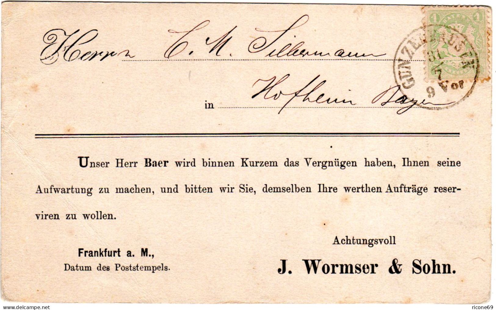 Bayern, 1 Kr. Auf Avis Karte M. K1 GUNZENHAUSEN N. Hofheim - Briefe U. Dokumente