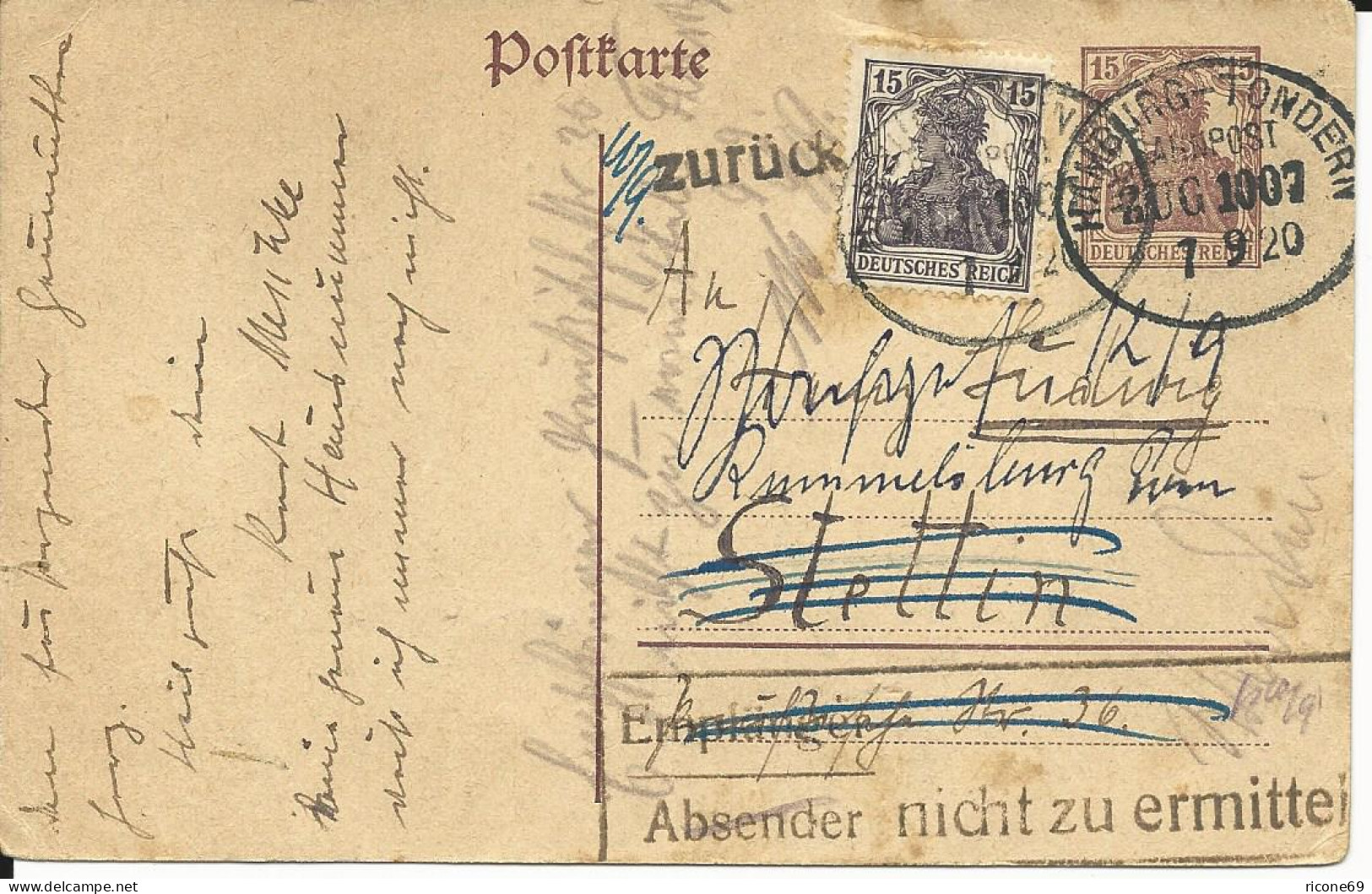 DR 1920, 15 Pf. Auf 15 Pf. Ganzsache V. Niebüll M. Bahnpost Hamburg - Tondern. - Cartas & Documentos