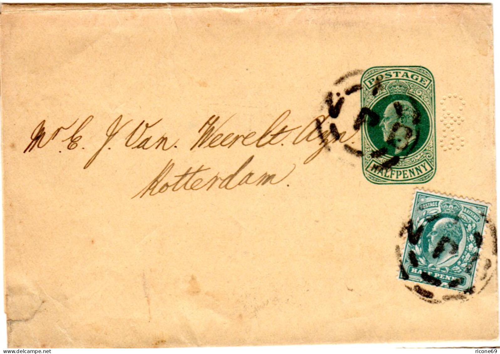 GB 1902, 1/2d Zusatzfrankatur Auf 1/2d Streifband Ganzsache M. Perfin C&S N. NL - Autres & Non Classés