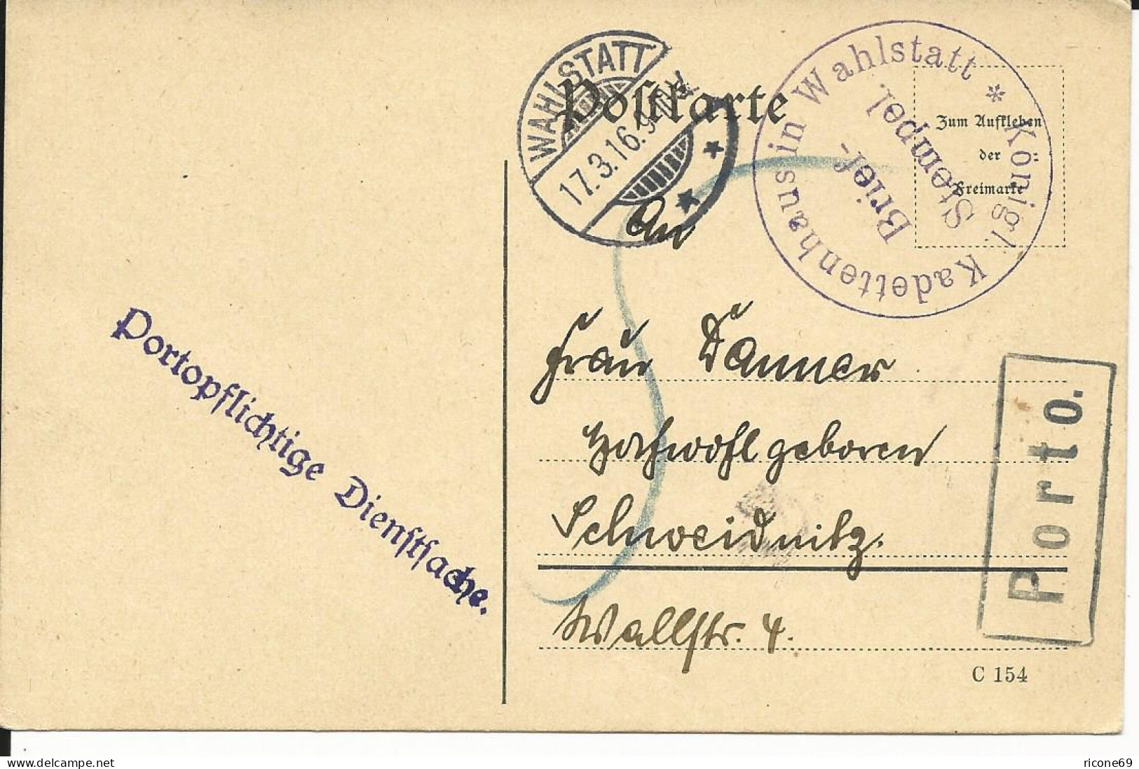 DR 1916, Portopflichtige Militär Dienstsache Karte M. R1 PORTO Wahlstatt (Polen) - Lettres & Documents