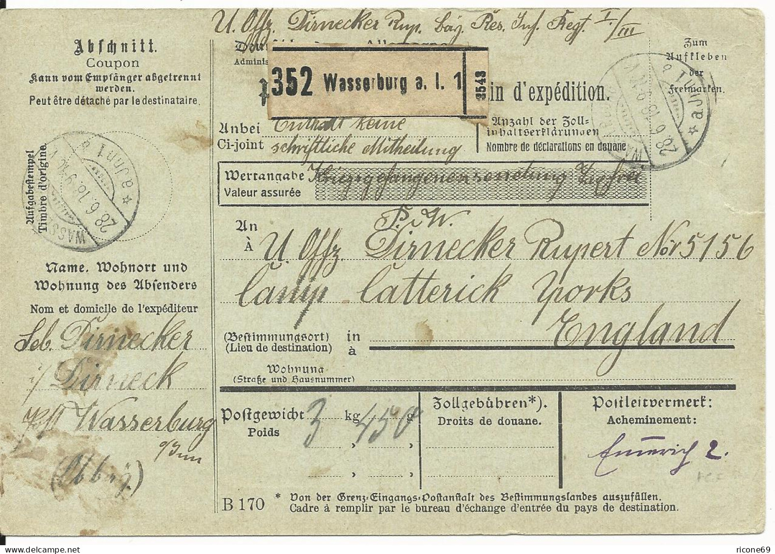 Bayern 1918, Portofreie KGF POW Paketkarte V. Wasserburg N. GB Camp Catterick  - Covers & Documents