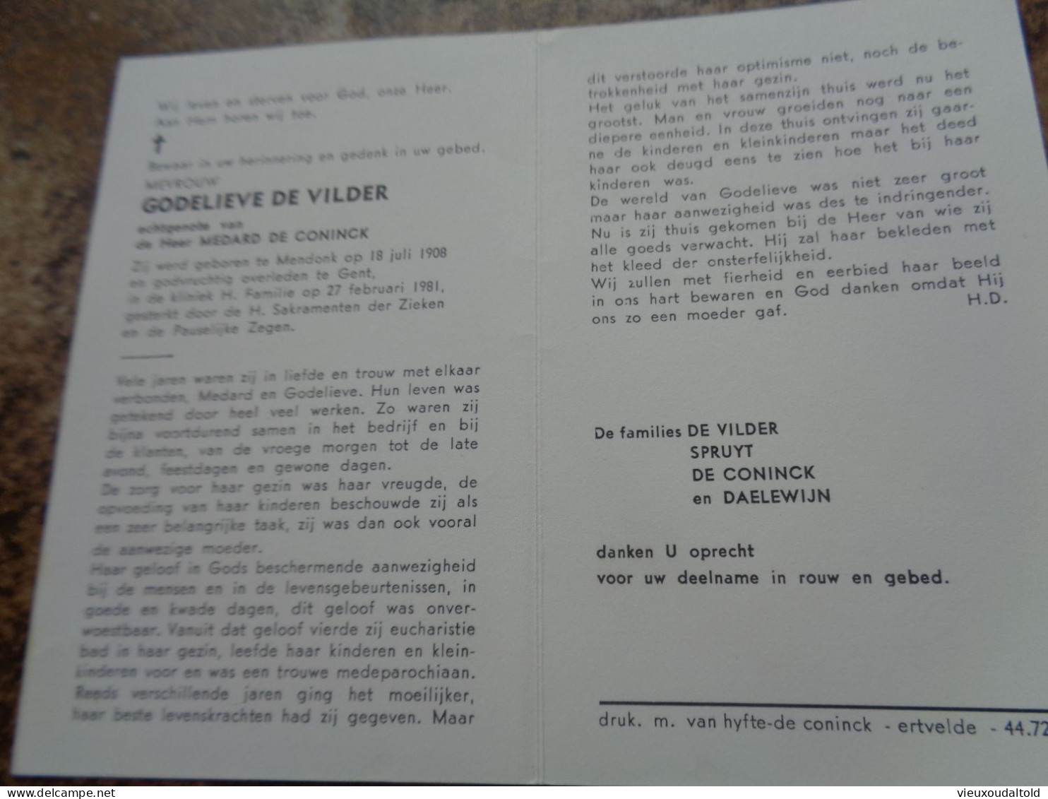 Doodsprentje/Bidprentje  GODELIEVE DE VILDER   Mendonk 1908-1981 Gent  (Echtg Medard DE CONINCK) - Godsdienst & Esoterisme