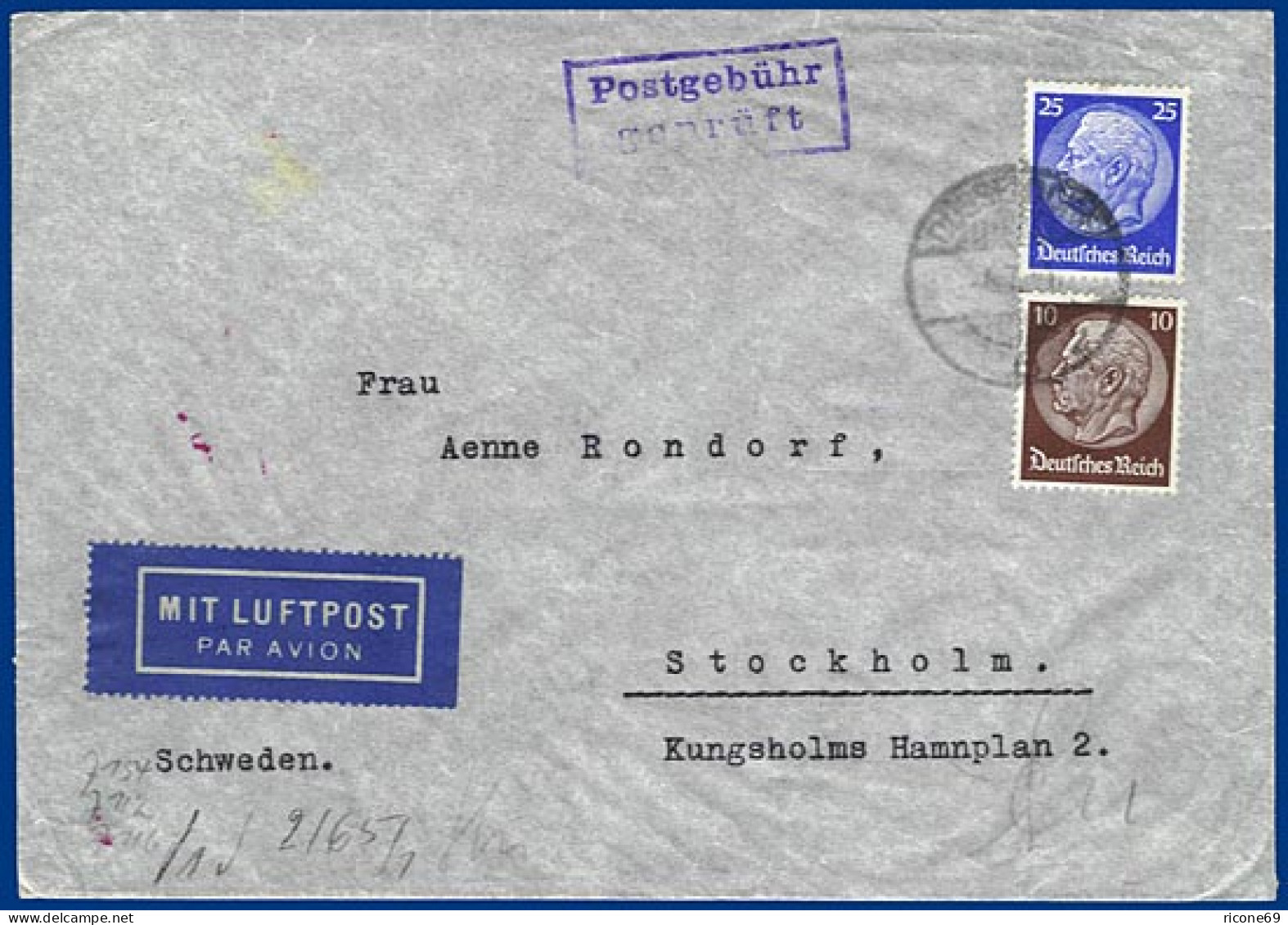 DR, Postgebühr Geprüft Auf Luftpost Zensur Brief V. Düsseldorf N. Schweden.#S280 - Briefe U. Dokumente