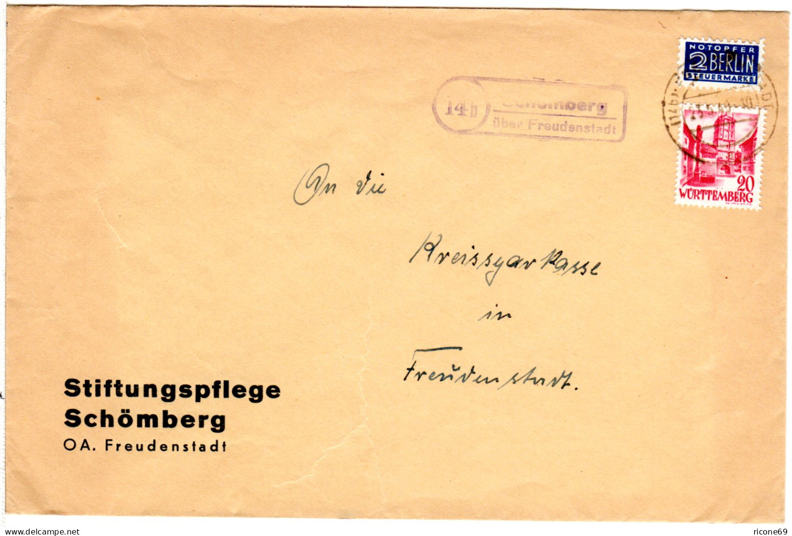 1949, Landpost Stpl. SCHÖMBERG über Freudenstadt Klar Auf Brief M. 20 Pf. - Württemberg