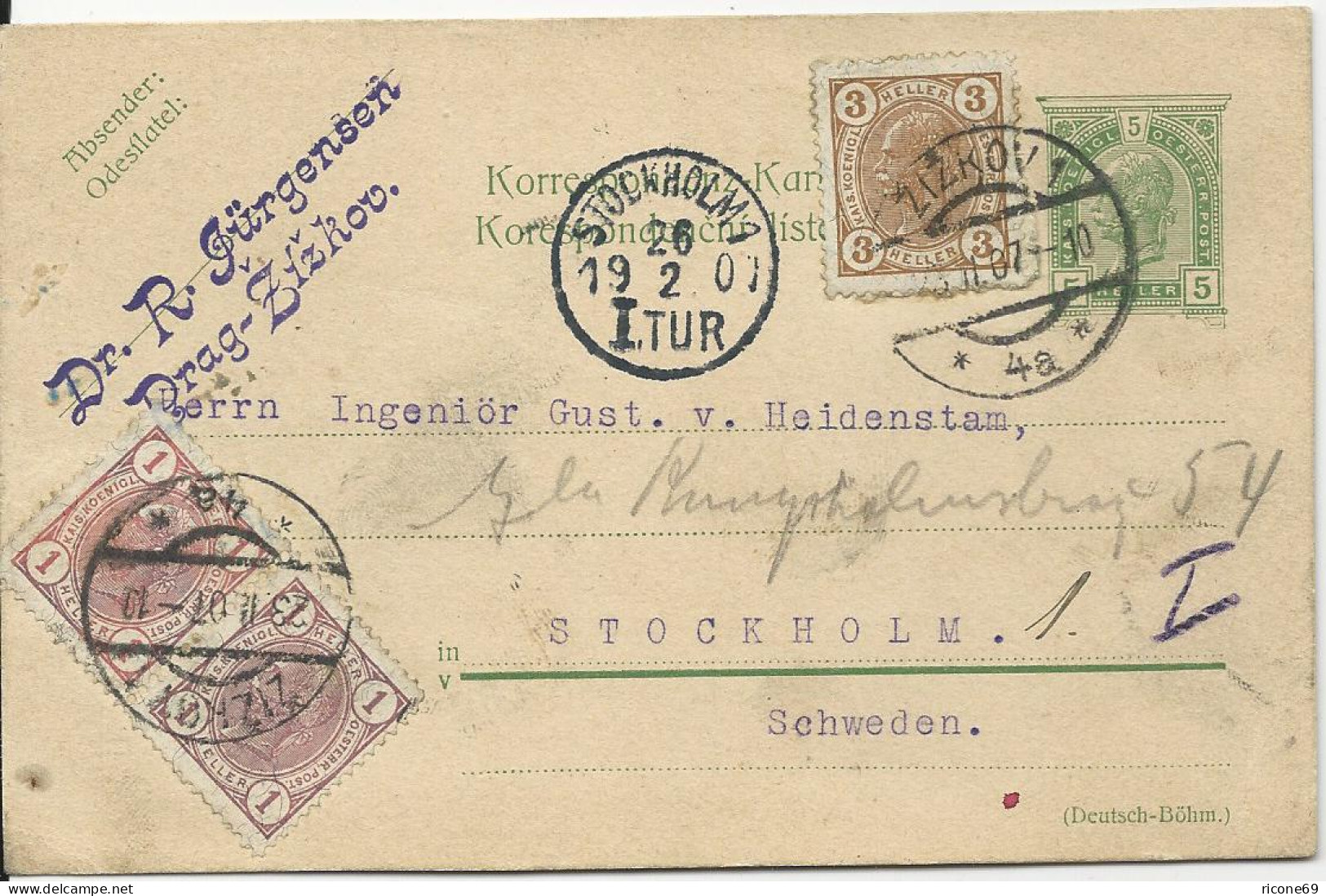 Österreich 1907, Paar 1+3 H. Zus.fr. Auf 5 H. Ganzsache V. Zizkov N. Schweden. - Storia Postale