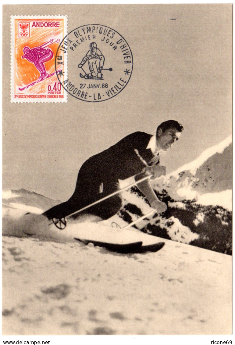 Andorra 1968, Olympische Winterspiele 0,40 Fr. Skifahren Auf FDC Maximumkarte - Altri & Non Classificati