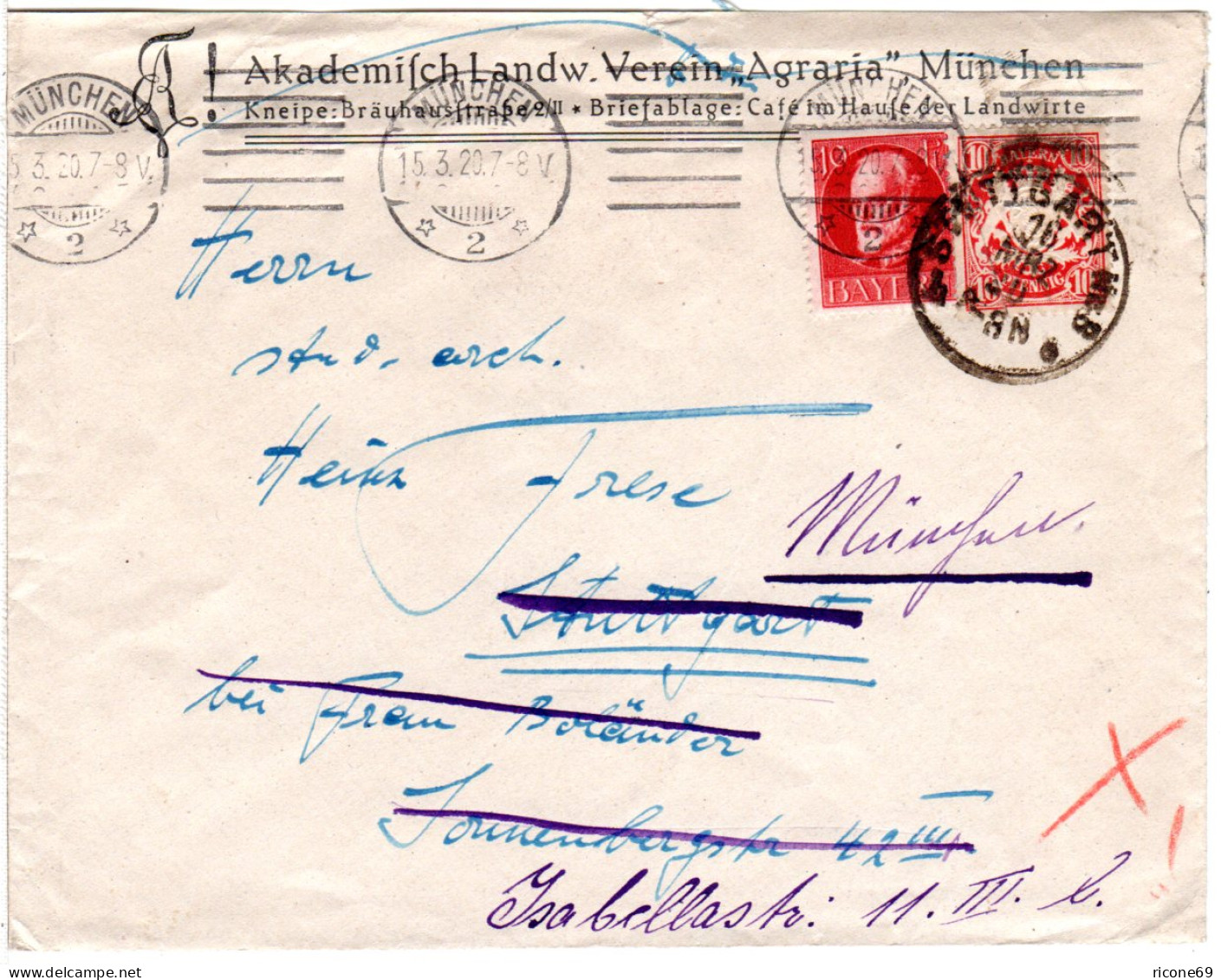 Bayern 1920, 10 Pf. Ludwig U. Wappen Auf Nachsende Studentica Umschlag V München - Briefe U. Dokumente