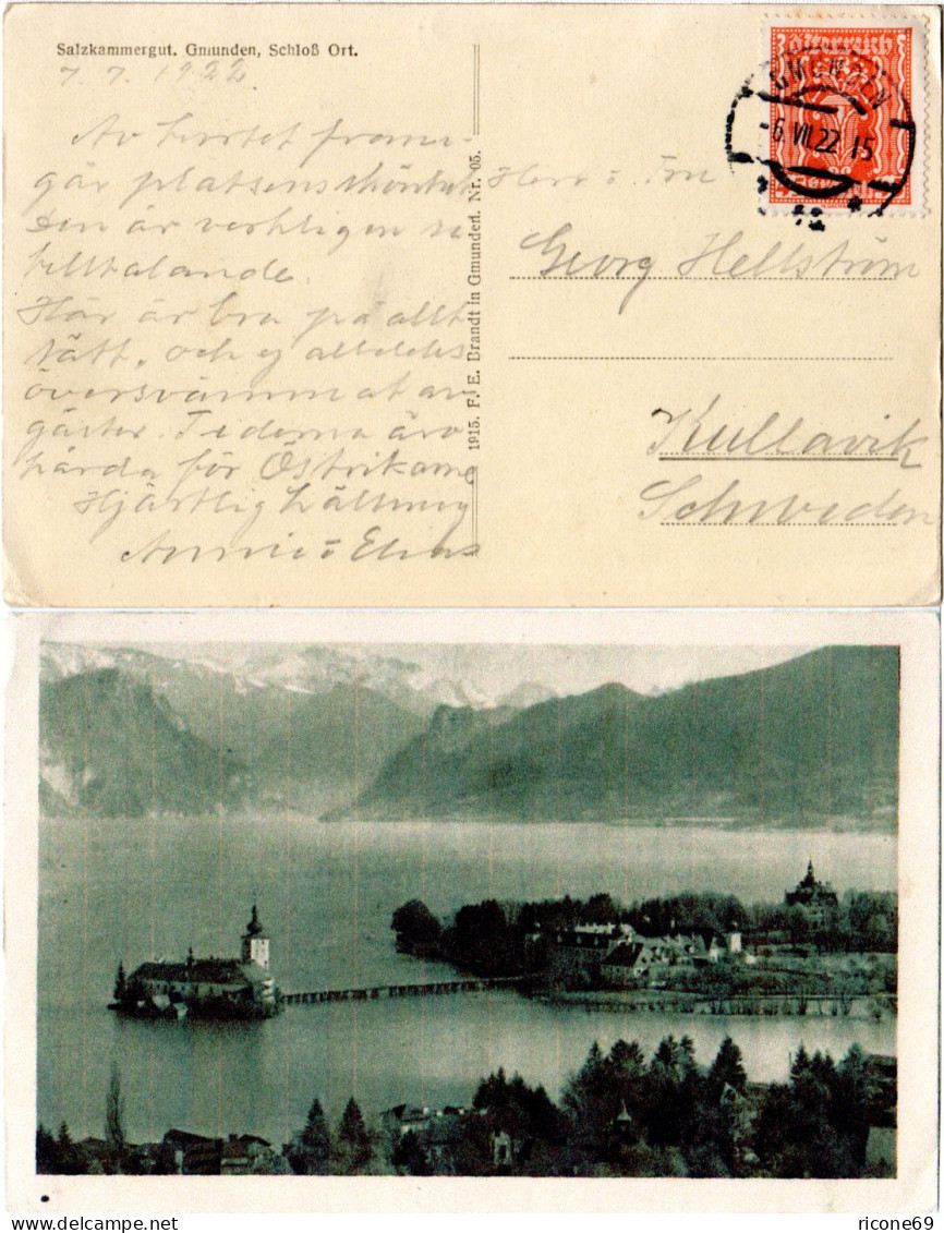 Österreich 1922, EF 45 Kr. Portorichtig Auf Sw-AK V. Gmunden N. Schweden. - Briefe U. Dokumente
