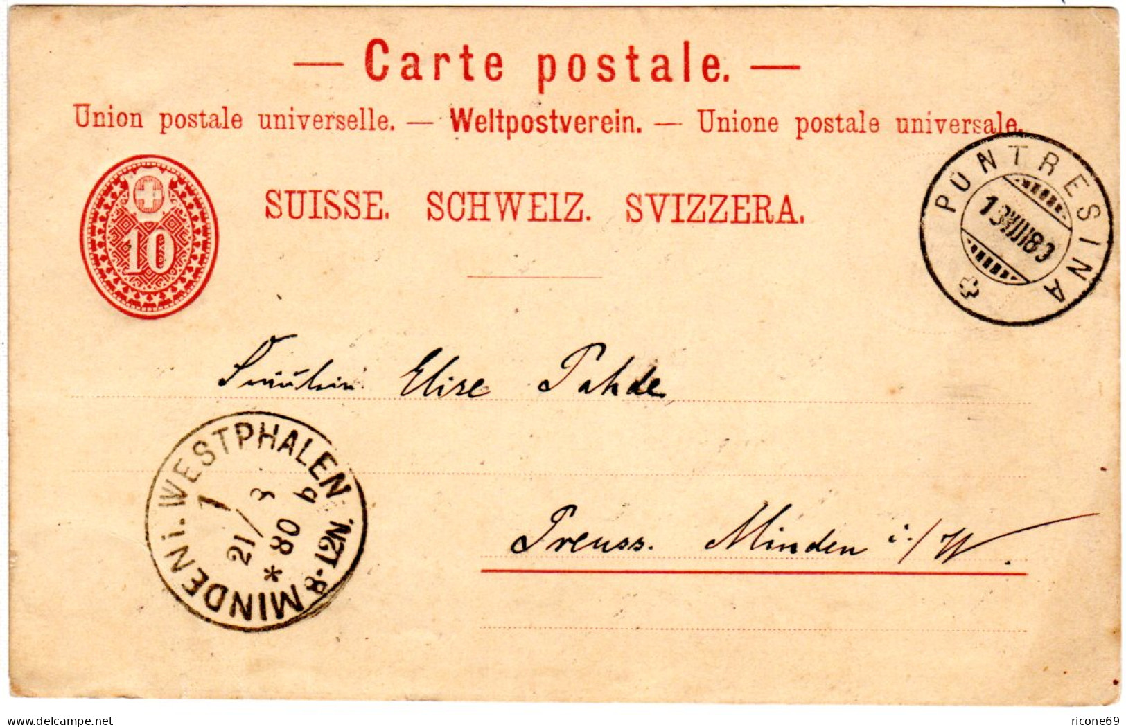 DR 1880, Klaucke Stpl. MINDEN I. WESTPHALEN 1b Als Ank.Stpl. Auf CH Ganzsache - Covers & Documents