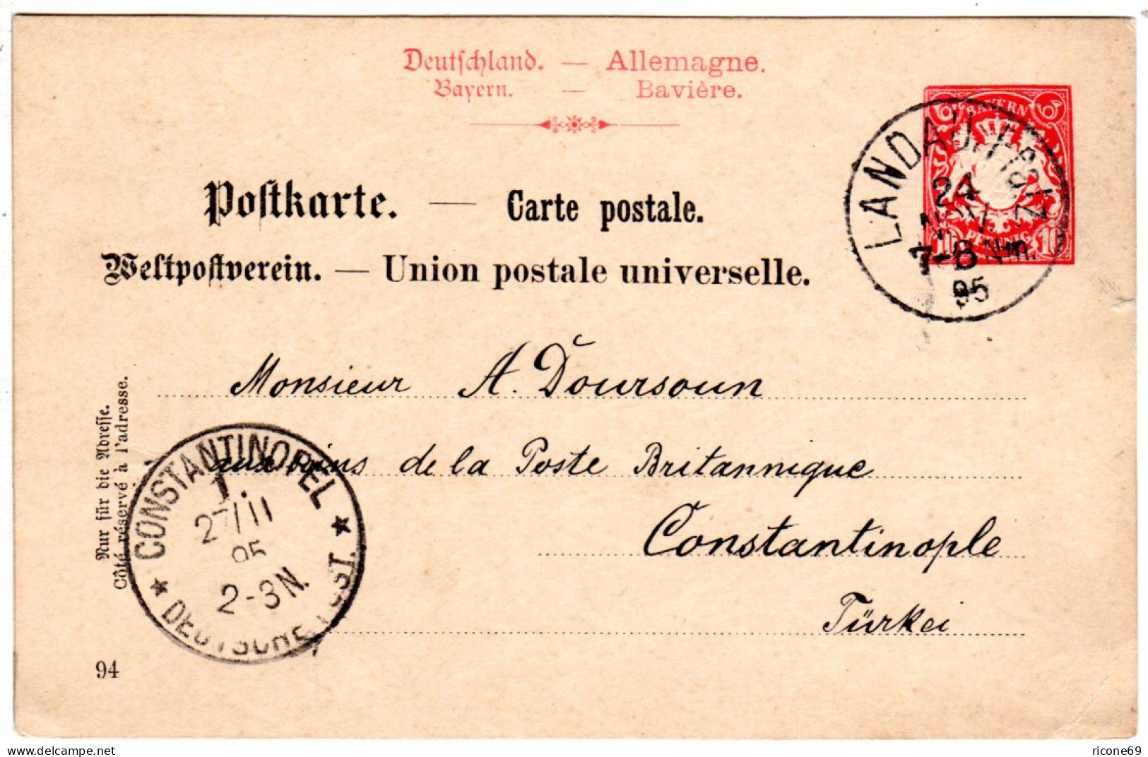Bayern 1895, 10 Pf. Ganzsache V. LANDAU I. Pfalz I.d. Türkei - Covers & Documents