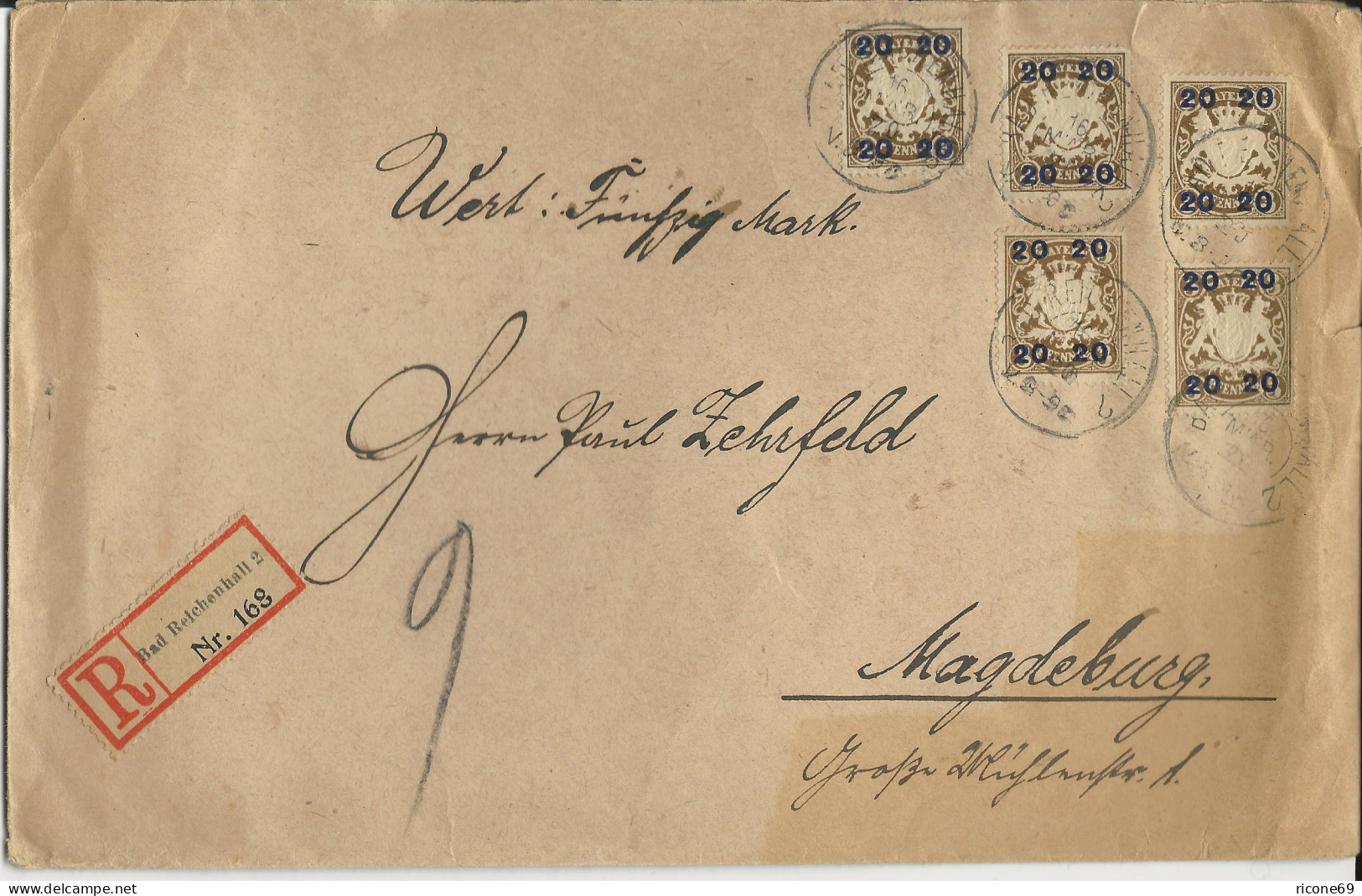 Bayern 1920, MeF 5x20/3 Pf. Auf Portorichtigem Wert Brief V. Bad Reichenhall - Cartas & Documentos