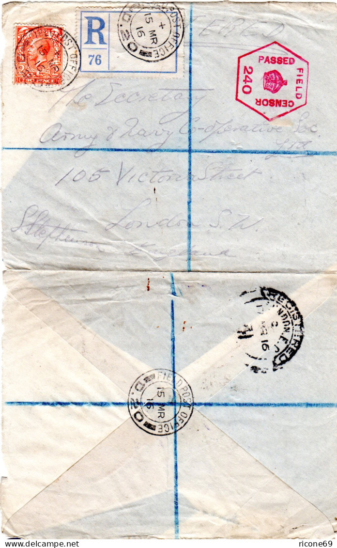 GB 1916, 2d On Regd. And Censored Field Post Cover From FPO D.20 To London - Other & Unclassified