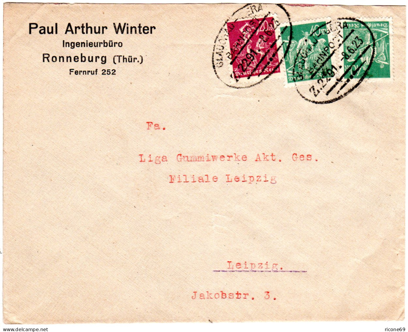 DR 1923, 20+2x40 Mk. Auf Brief V. Ronneburg M. Bahnpost Glauchau-Gera Z.2291. - Storia Postale