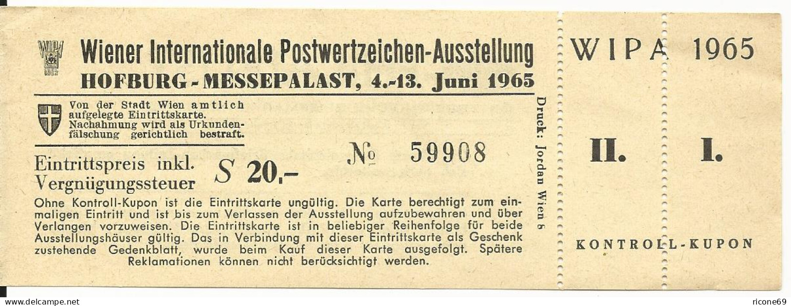 Österreich WIPA 1965,  Ungebrauchte Eintrittskarte - Storia Postale