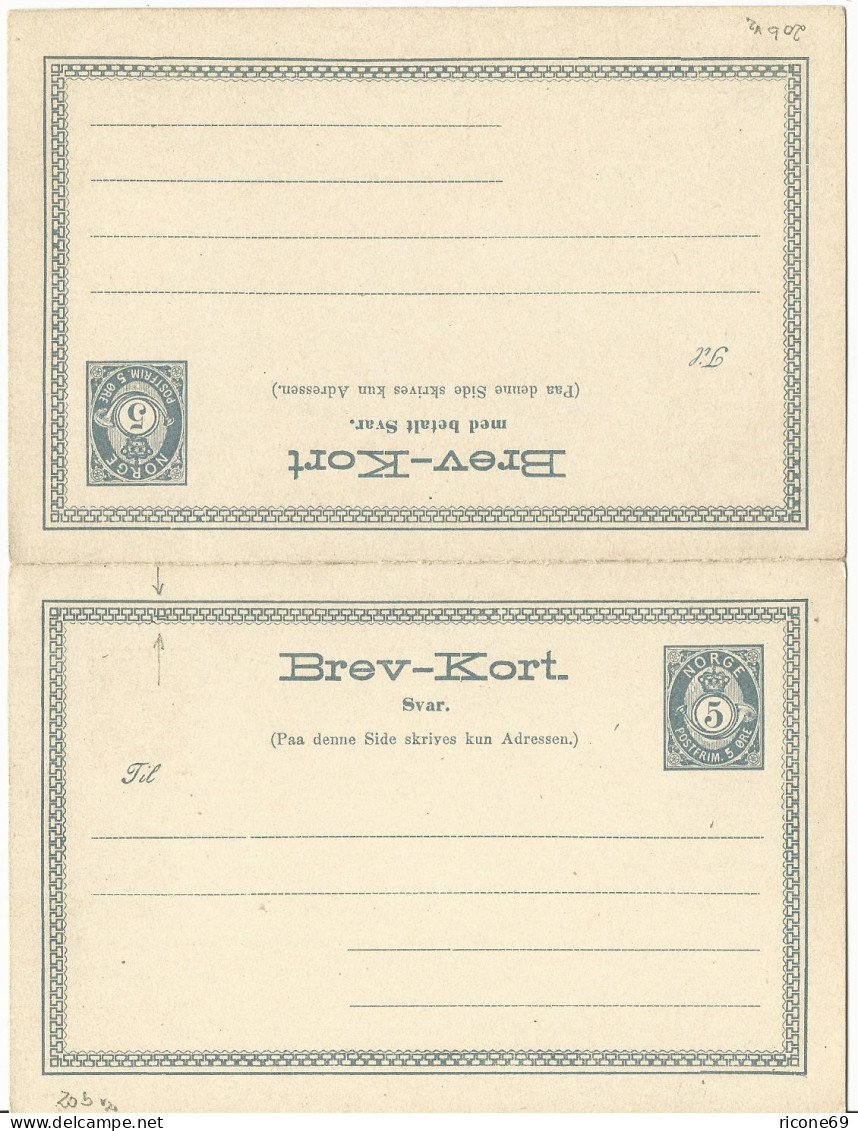 Norwegen P23, Ungebr. 5 öre Doppel Ganzsache M. Variante "zusätzl. Eckornament"  - Covers & Documents