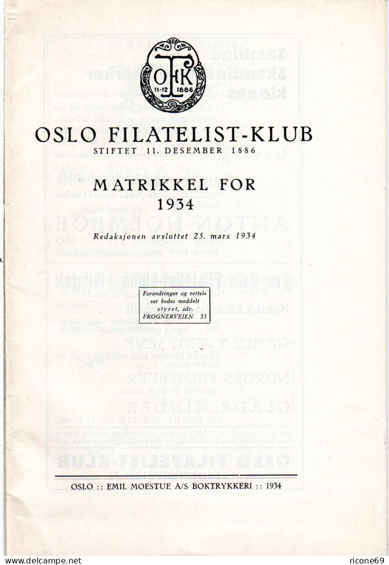 Norwegen, Oslo Filatelist-Klub, Matrikel For 1934 M. Allen Mitgliedern! 31 S. - Altri & Non Classificati