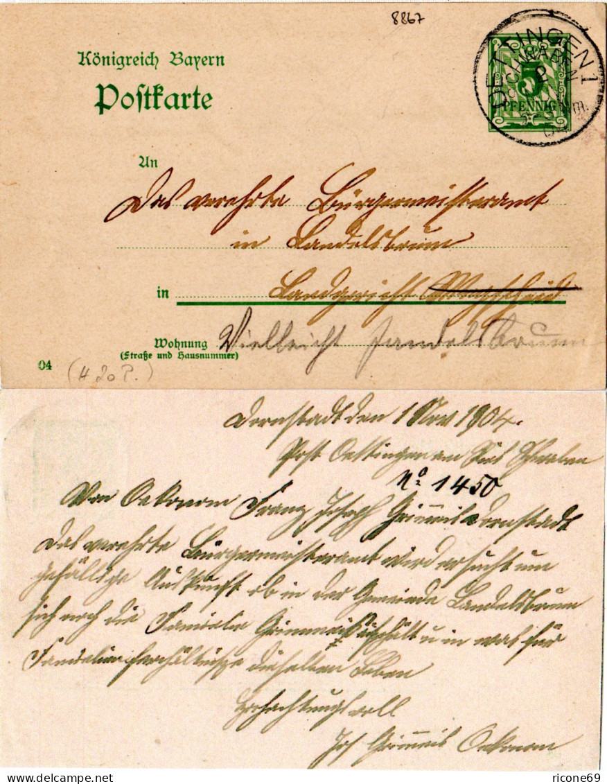 Bayern 1904, K1 OETTINGEN SCHWABEN Auf Ganzsache V. Dornstadt.  - Covers & Documents