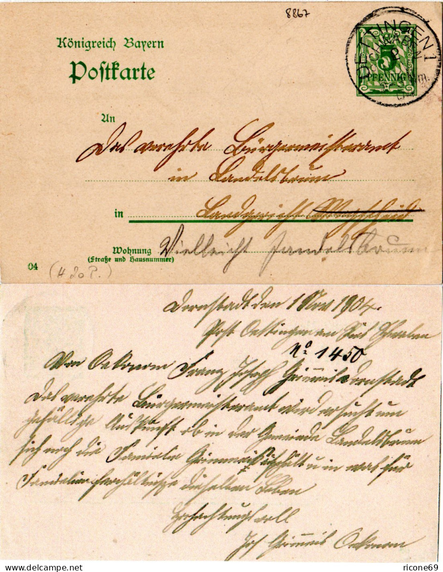 Bayern 1904, K1 OETTINGEN SCHWABEN Auf Ganzsache V. Dornstadt.  - Lettres & Documents