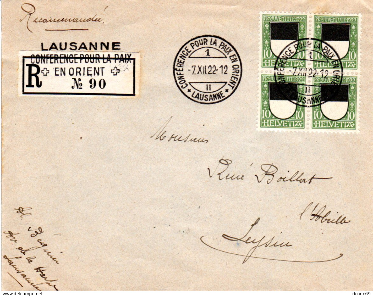 Schweiz 1922, Conference Pour LKa Paix En Orient Lausanne, Reko Brief M. 4x10 C. - Briefe U. Dokumente