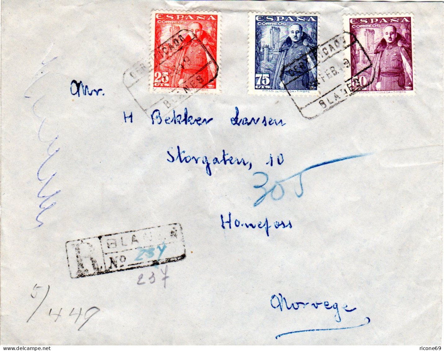 Spanien 1949, 3 Franco Marken Auf Einschreiben Brief V. BLANES N. Norwegen - Covers & Documents
