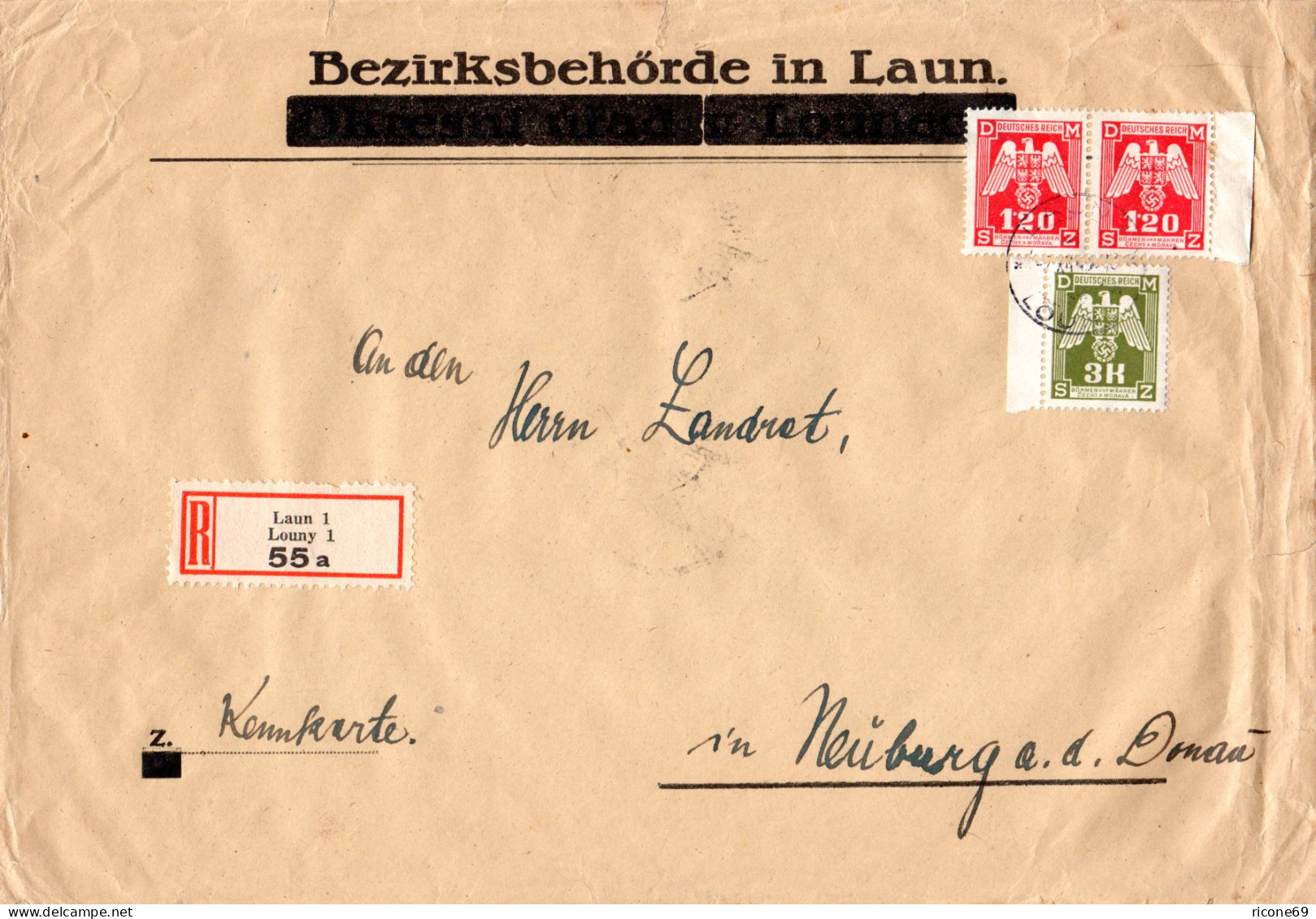 Böhmen U. Mähren 1943, 3+Paar 1,20 K. Dienst Auf Einschreiben Brief V. LAUN - Besetzungen 1938-45