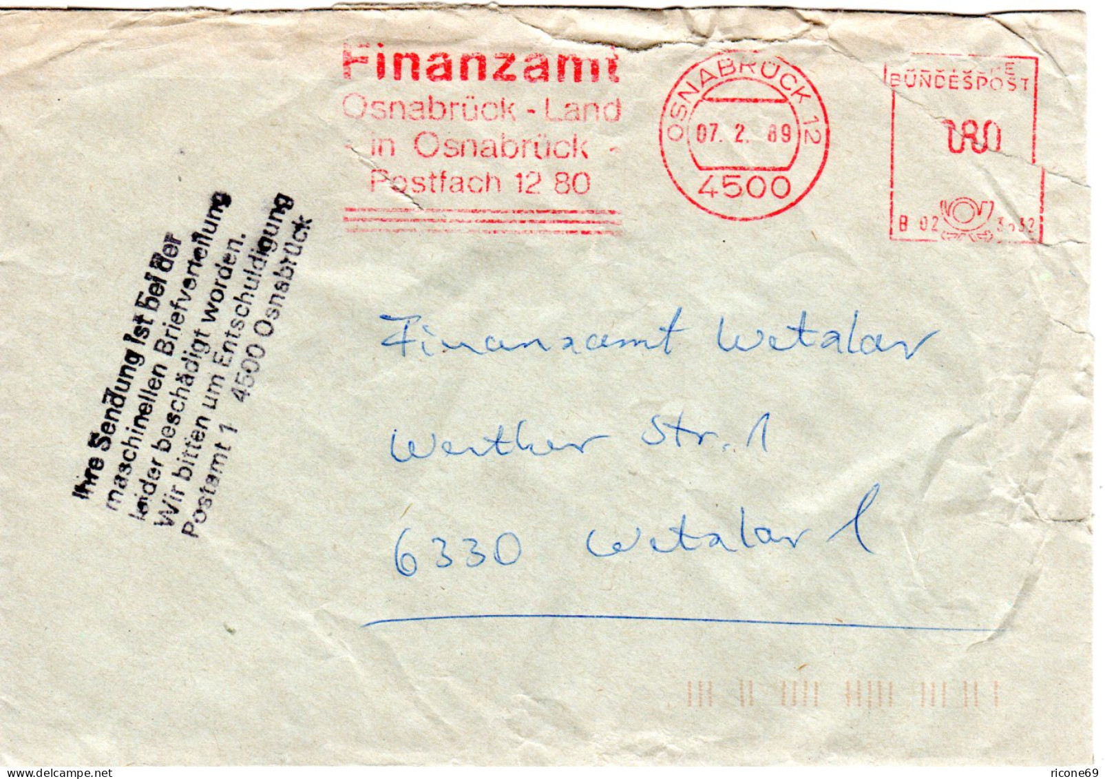 BRD 1989, Briefautomation, Beschädigter Brief V. OSNABRÜCK  M. Hinweis Stempel. - Storia Postale