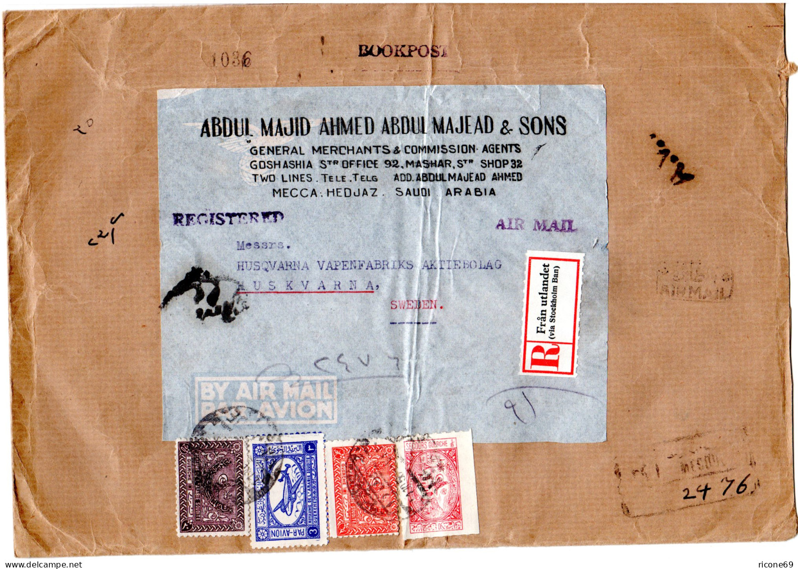 Saudi Arabia 1950, 4 Stamps On Registered AV2 Air Mail Bookpost Letter To Sweden - Asia (Other)