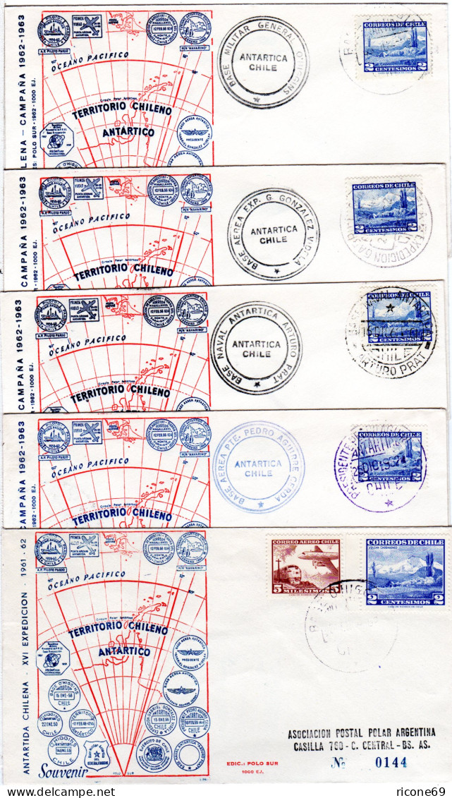 Chile 1963, 5 Antarktis Briefe, 4 Davon M. Base Naval Stempeln. - Sonstige & Ohne Zuordnung