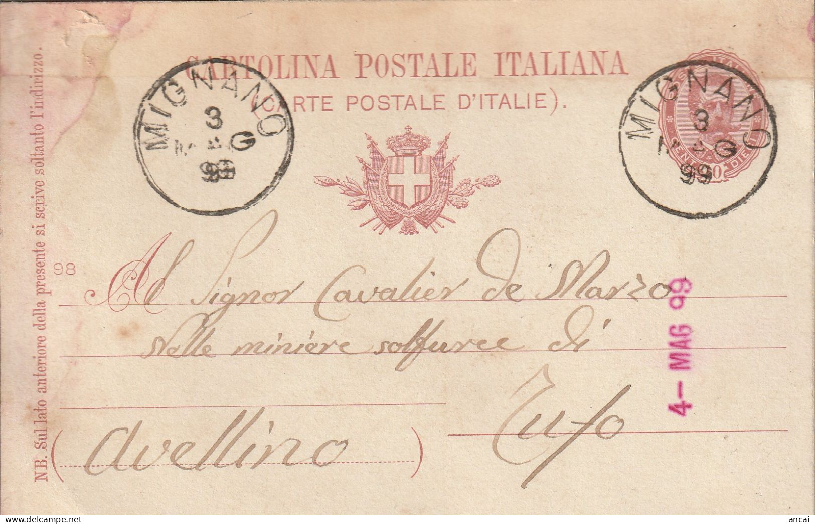 Italy. A205. Mignano. 1899. Annullo Grande Cerchio MIGNANO, Su Cartolina Postale - Marcophilie