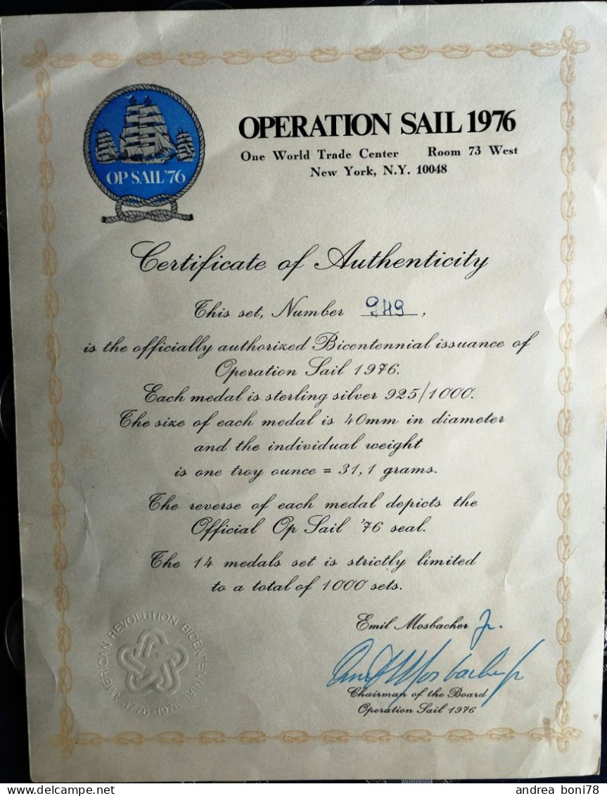 Serie Completa Medaglie Ufficiali Del Bicentenario "Operation Sail 1976" 14 Pcs. - Sin Clasificación