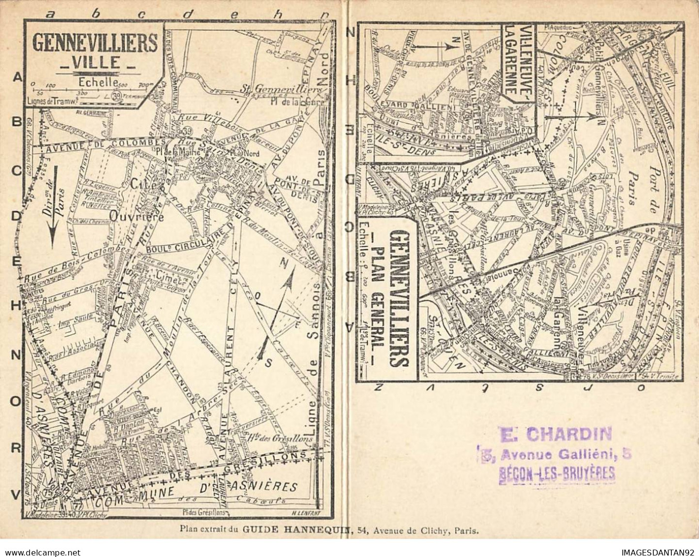 92 GENNEVILLIERS VILLENEUVE LA GARENNE  #FG56882 PLAN GENERAL LIGNE TRAMWAY GUIDE HANNEQUIN CARTE DOUBLE - Gennevilliers