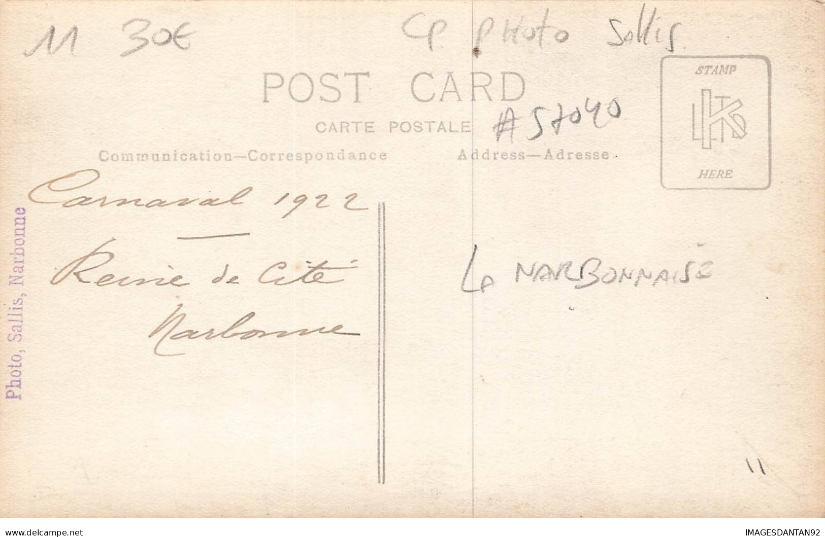 11 NARBONNE #FG57040 CARNAVAL REINE DE LA CITE CHAR LA NARBONNAISE CARTE PHOTO SALLIS 1922 - Narbonne