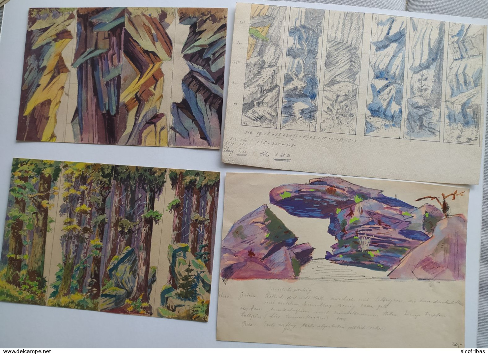 Lot 5 Dessins Gouache Projets De Décors De Theatre Arbres Rochers  De Mack Strasbourg - Dessins