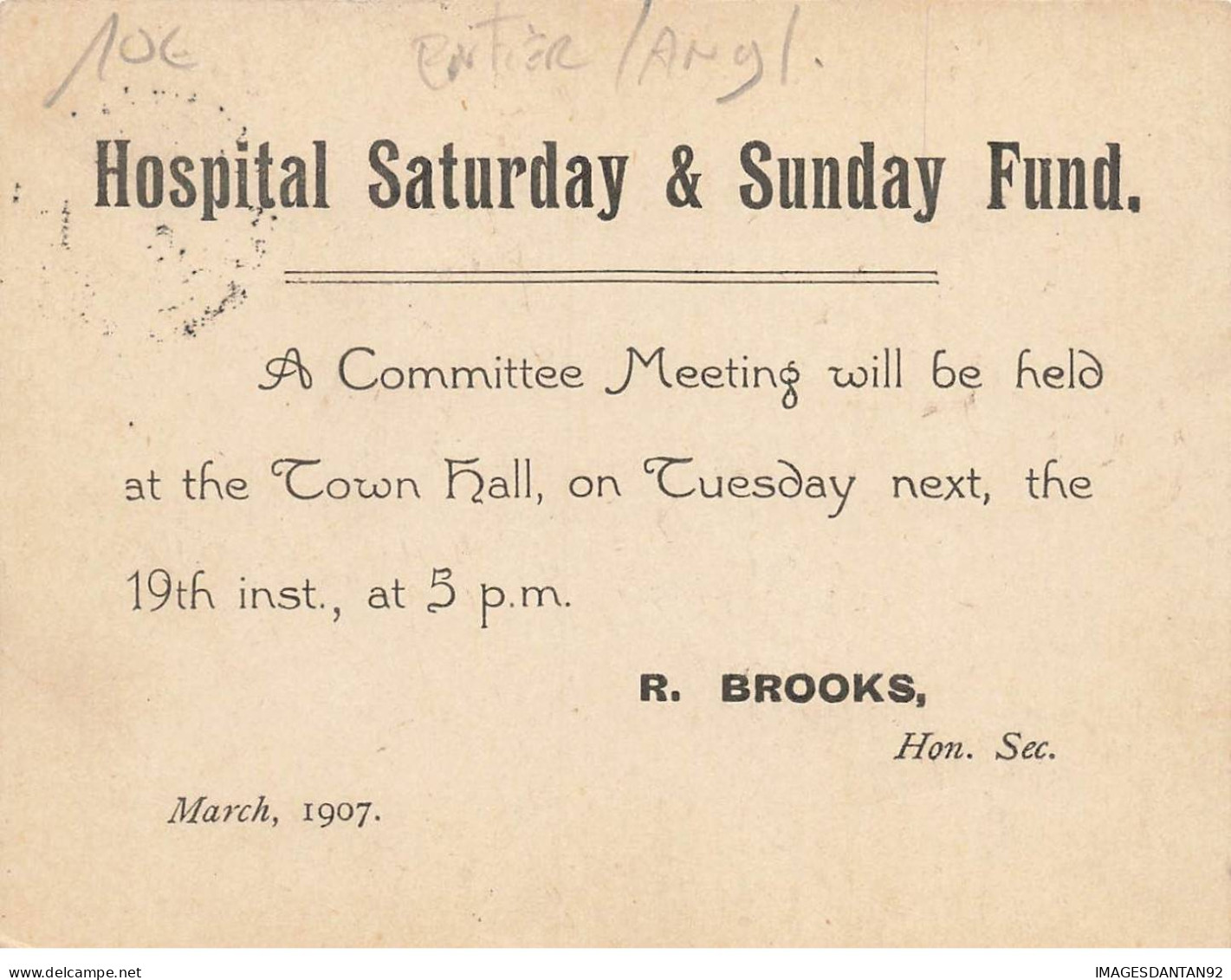 ENTIER #FG56499 ANGLETERRE REPIQUAGE HOSPITAL SATURDAY FUND HASTINGS BROOKS 1907 HALF PENNY - Postwaardestukken