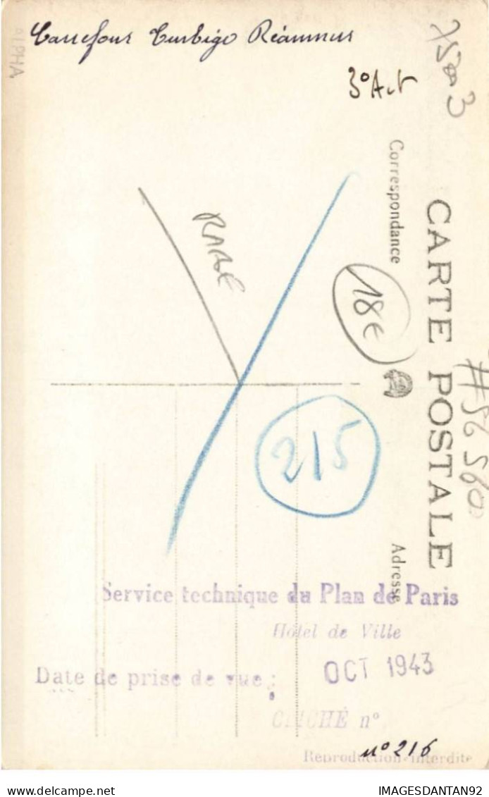 75003 PARIS #FG56560 CARREFOUR TURBIGO ET RUE REAUMUR CARTE PHOTO SERVICE TECHNIQUE PLAN 1943 - Arrondissement: 03