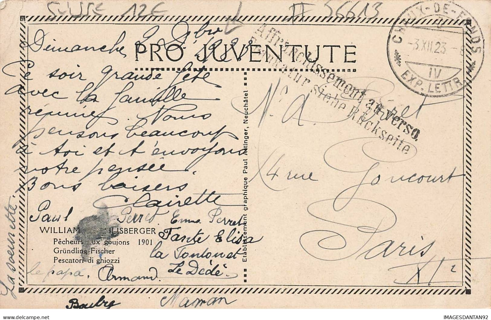 SUISSE #FG56613 PRO JUVENTUTE PECHEURS AUX GOUJONS 1901 CHAUX DE FONDS + VOIR AFFRANCHISSEMENT - Autres & Non Classés