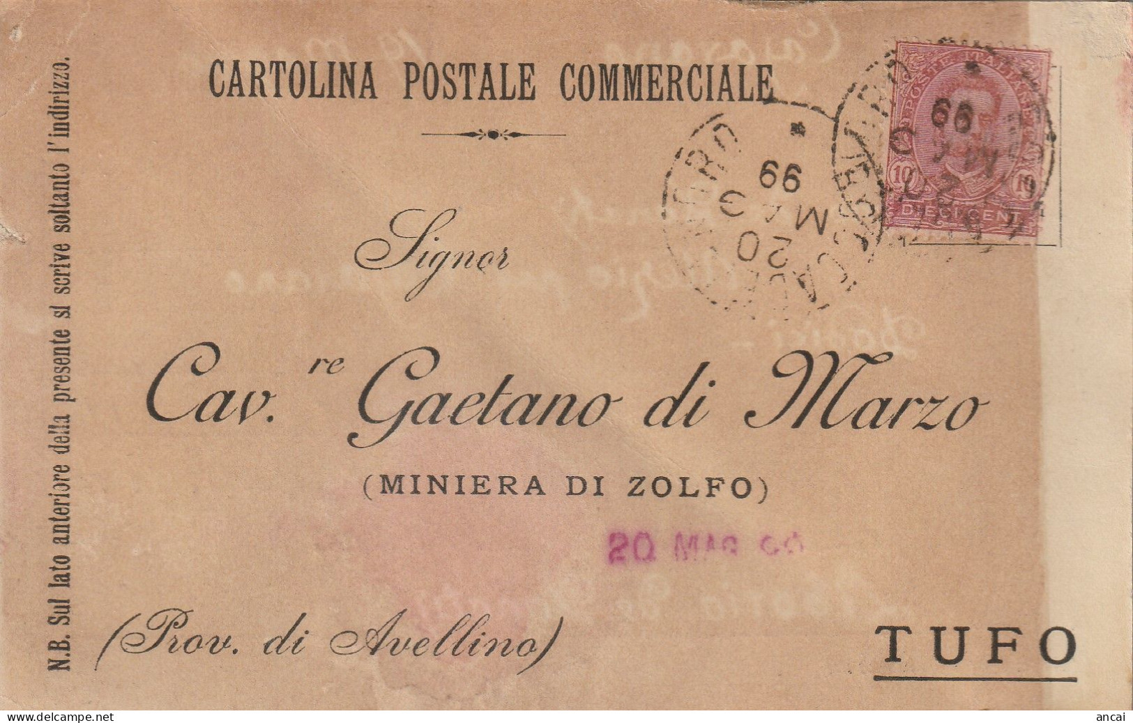 Italy. A205. Roccadevandro. 1899. Annullo Grande Cerchio ROCCADEVANDRO, Su Cartolina Postale Commerciale - Marcophilie