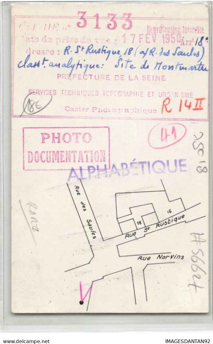 75018 PARIS #FG56627 RUE ST RUSTIQUE DES SAULES MONTMARTRE CARTE PHOTO SERVICE TECHNIQUE PLAN 1950 - District 18