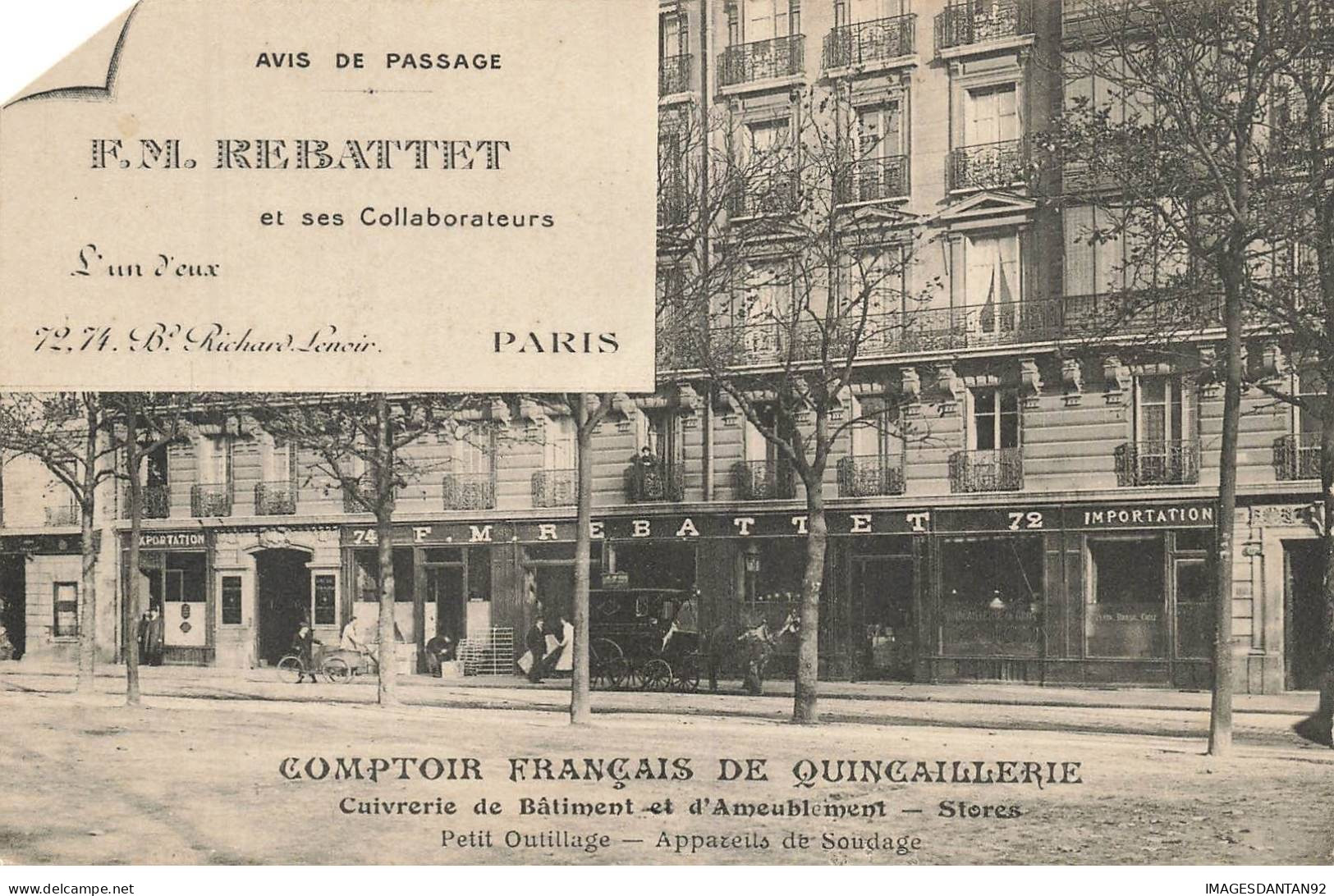 75011 PARIS #FG56779 QUINCAILLERIE REBATTET BOULEVARD RICHARD LENOIR CARTE PUBLICITAIRE - Distretto: 11