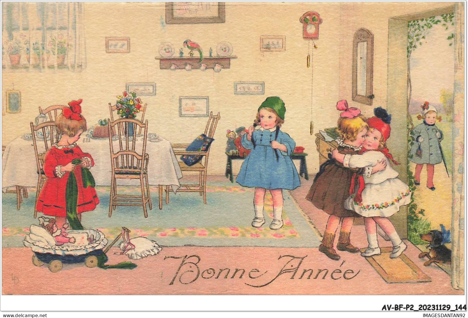 AV-BFP2-0260 - FANTAISIE - Bonne Fête - Fillettes Se Recevant Pour Le Thé, Teckel Et Poupée DACHSHUND DACKEL - Bebes