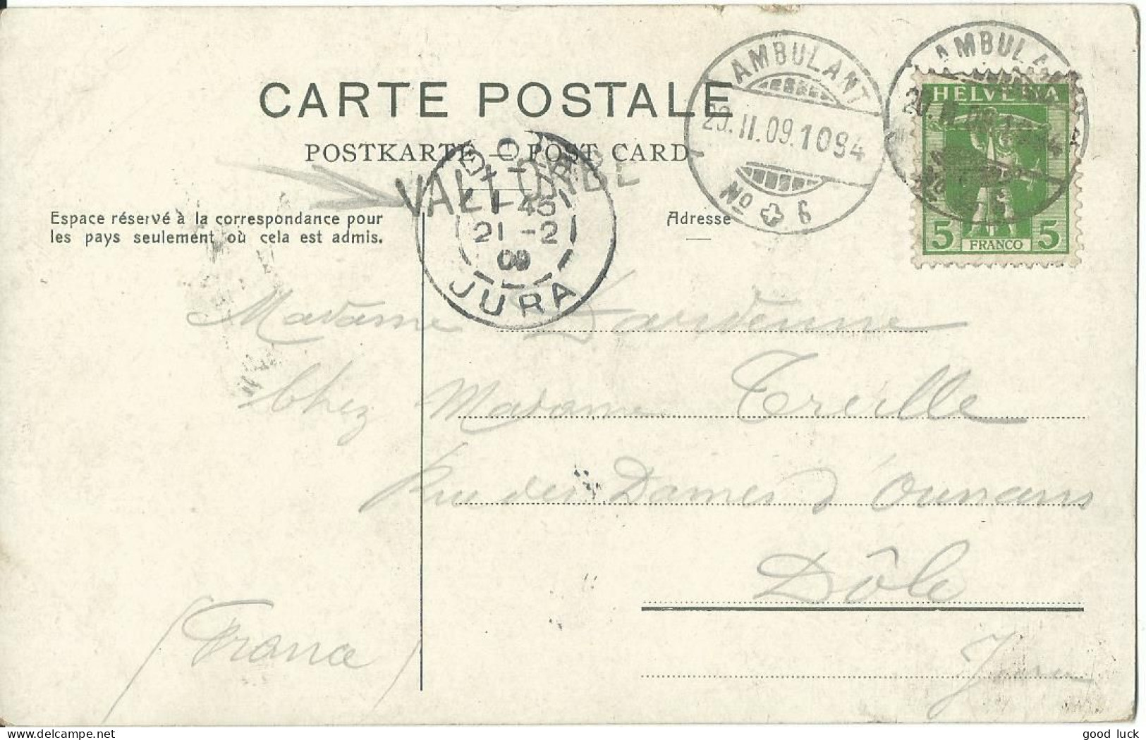 SUISSE  CARTE 2x5c  MARQUE LINEAIRE VALLORBE + AMBULANT N° 6 POUR  DOLE ( DOUBS )  DE 1909 LETTRE COVER - Storia Postale