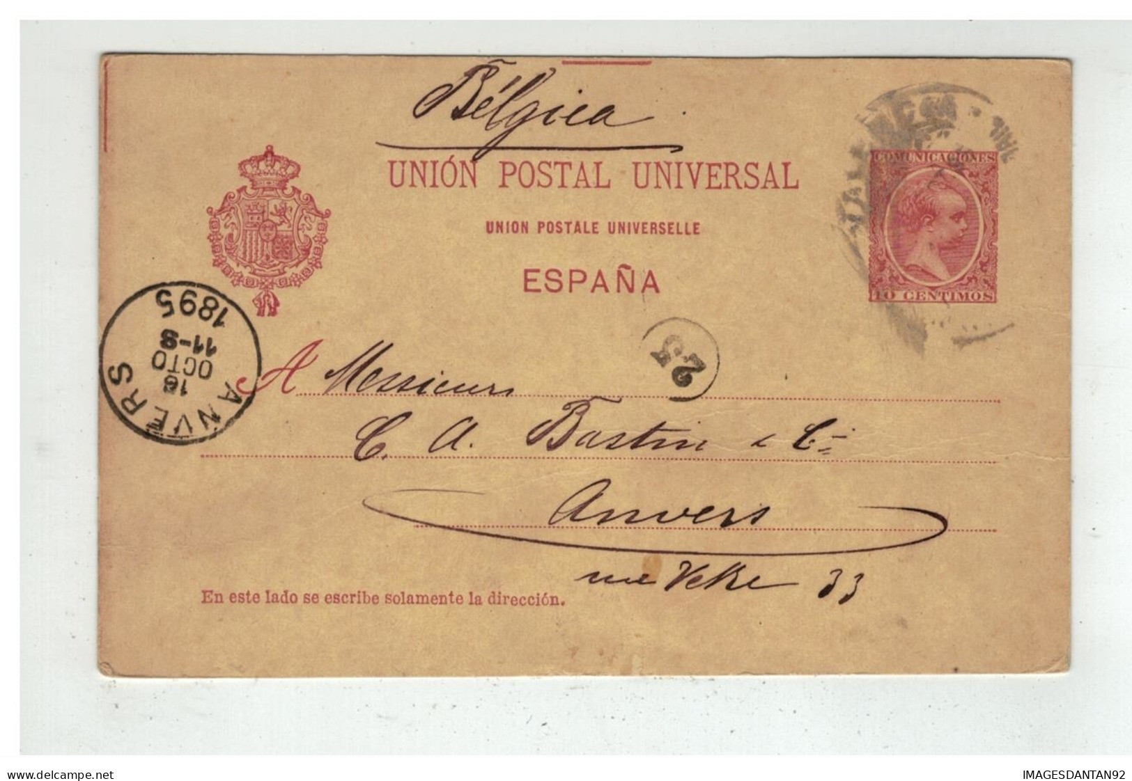 Espagne - Entier Postal 10 Centimos De VAENCIA à Destination De BELGICA  BELGIQUE ANVERS 1895 - 1850-1931