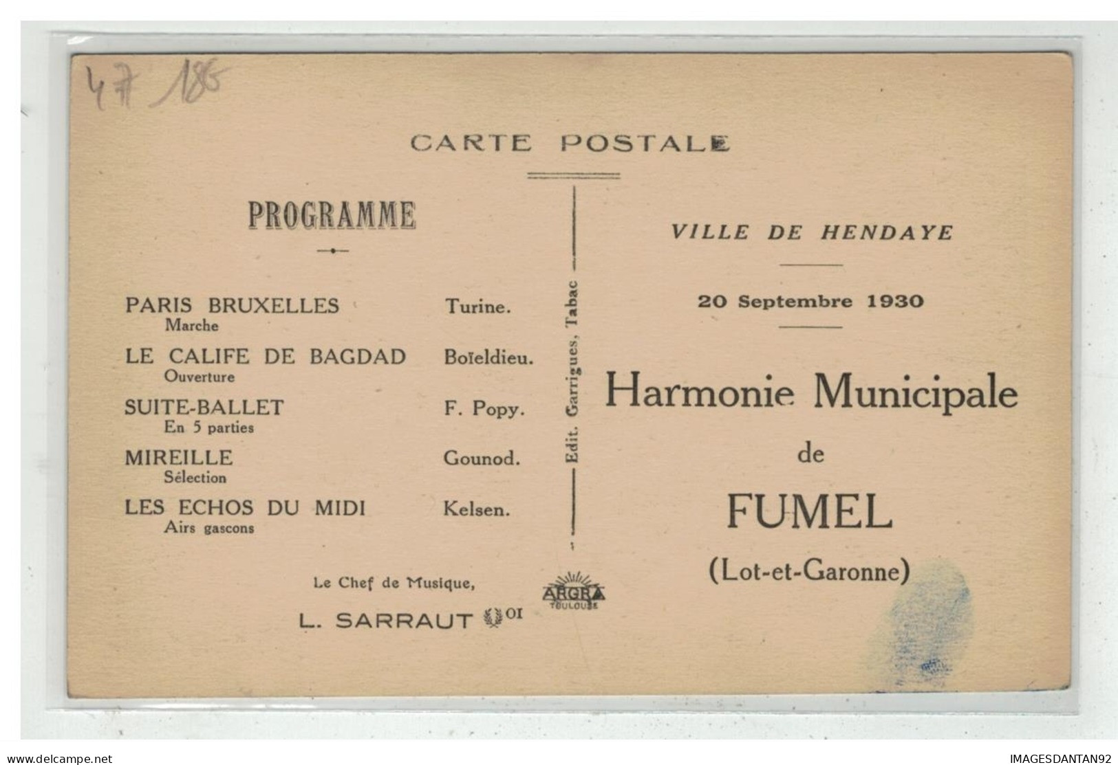 47 FUMEL USINES ET BORDS DU LOT + PROGRAMME MUSICALE HRMONIE MUNICIPALE VILLE DE HENDAYE 1930 - Fumel