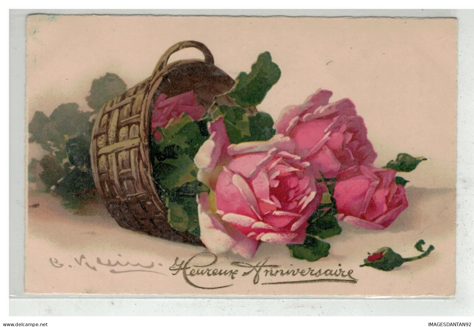 ILLUSTRATEUR KLEIN #16701 PANIER DE ROSES RENVERSE HEUREUX ANNIVERSAIRE - Klein, Catharina