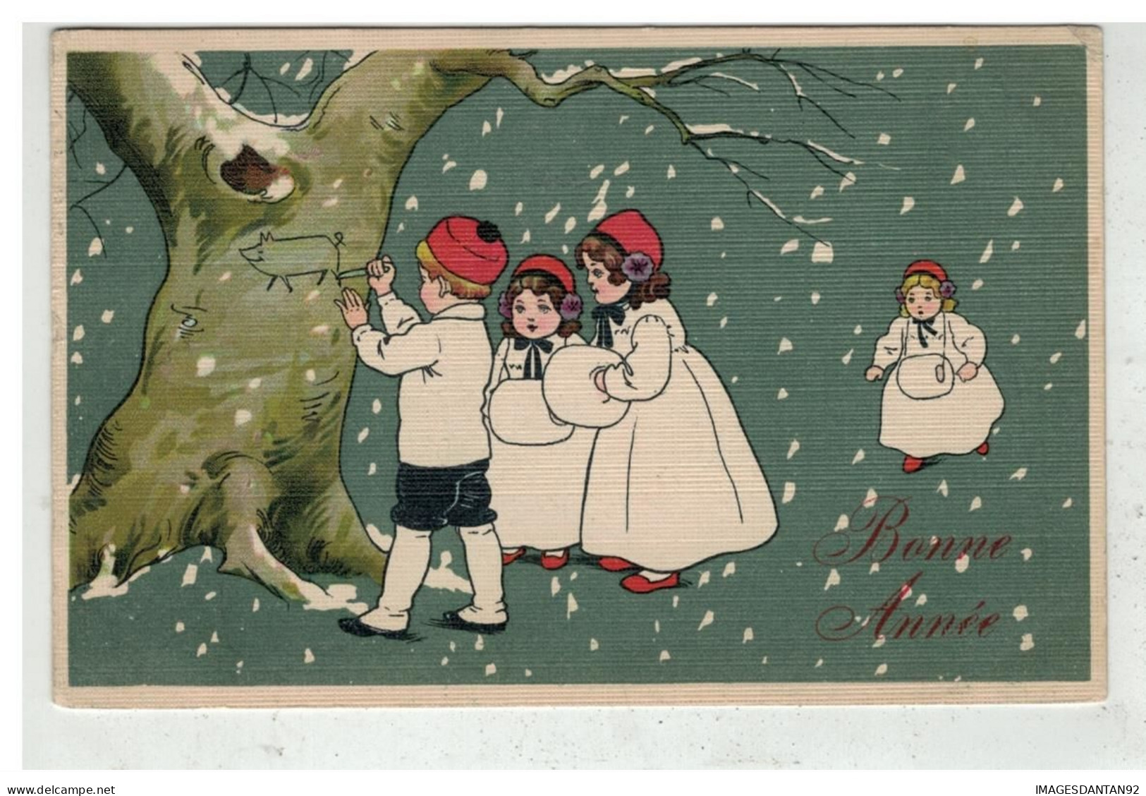 ILLUSTRATEUR PAULI EBNER #16310 BONNE ANNEE ENFANTS DANS LA NEIGE ET GRAVANT UN ARBRE CARTE TOILEE - Ebner, Pauli