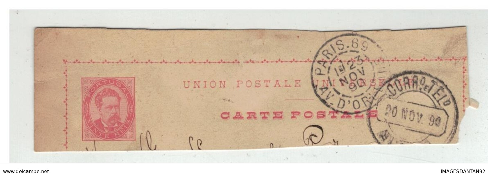 ENTIER PORTUGAL AVEIRO 20 NOV 1890 A PARIS 69 AV ORLEANS 23 NOV 1890 - Storia Postale