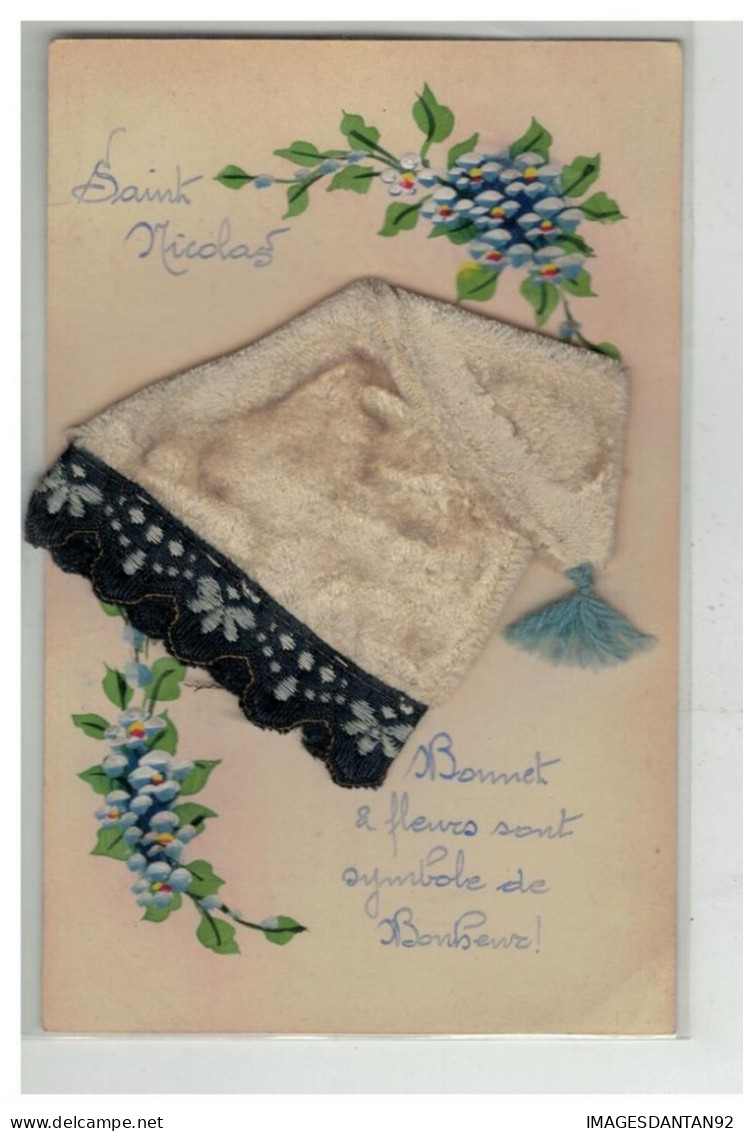 NOEL SAINT NICOLAS #17510 BONNET ET FLEURS BONNET BLANC ET BLEUE MYOSOTIS PEINT A LA MAIN - Sinterklaas